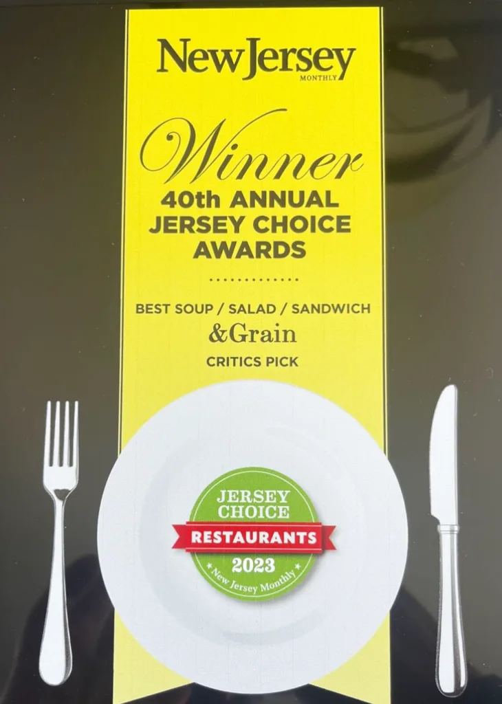 New Jersey Monthly Jersey Choice Awards 2023 winner certificate for &grain with a plate, fork and knife